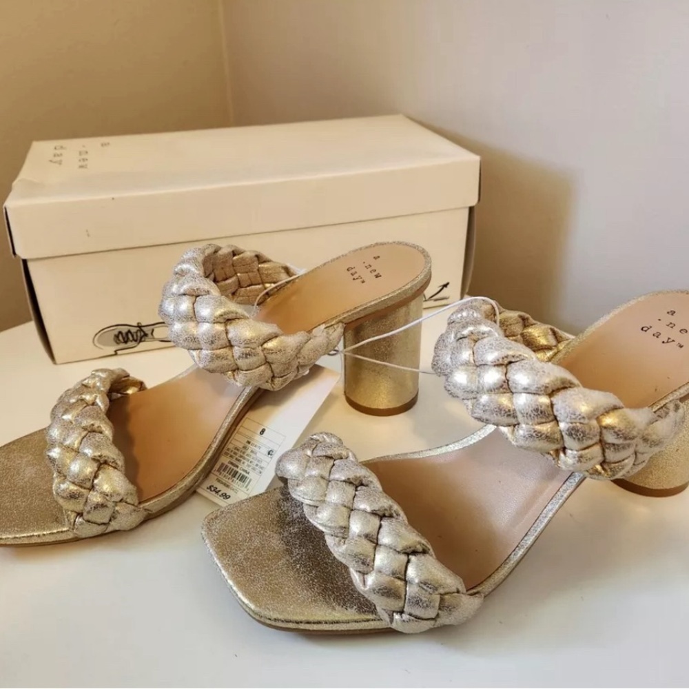 NEW! Gold Basil Rope Open Toe Slide On Heels SZ 6
